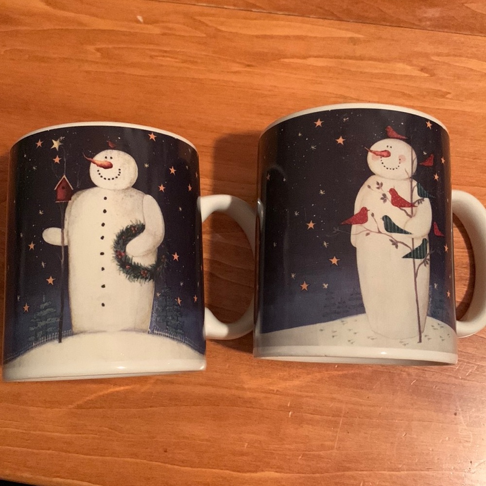 Pair of Wintertime Snowman Mugs Coffee Cups Perfect Condition Used for Display